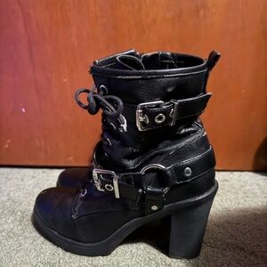 Guess Black Women's Buckle Lace-Up Heeled Ankle Boots